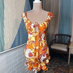 Urban Outfitters Orange Dress w/Psychedelic Floral Print & Ruched Ruffle Skirt